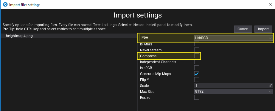 Import Heightmap Options